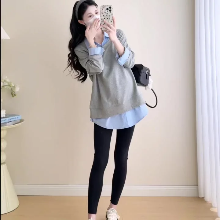 Korean Style Maternity Polo Shirt Autumn/Winter - Color-Block False Two-Piece Design Slimming Fit Blouses for Pregnancy Women