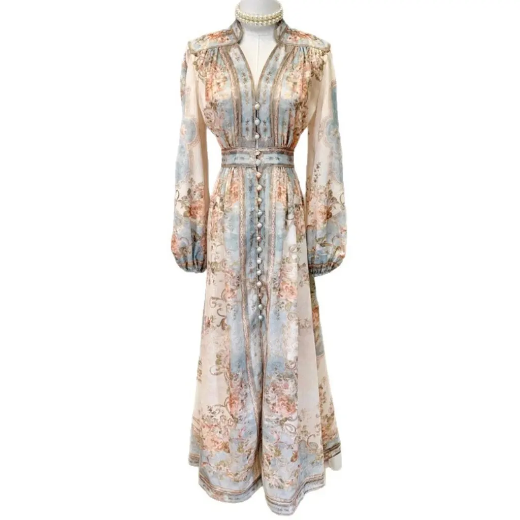 Robe jupe imprimée à manches longues pour femmes, Style européen et américain, petit col montant, coton et lin, taille bouffante
