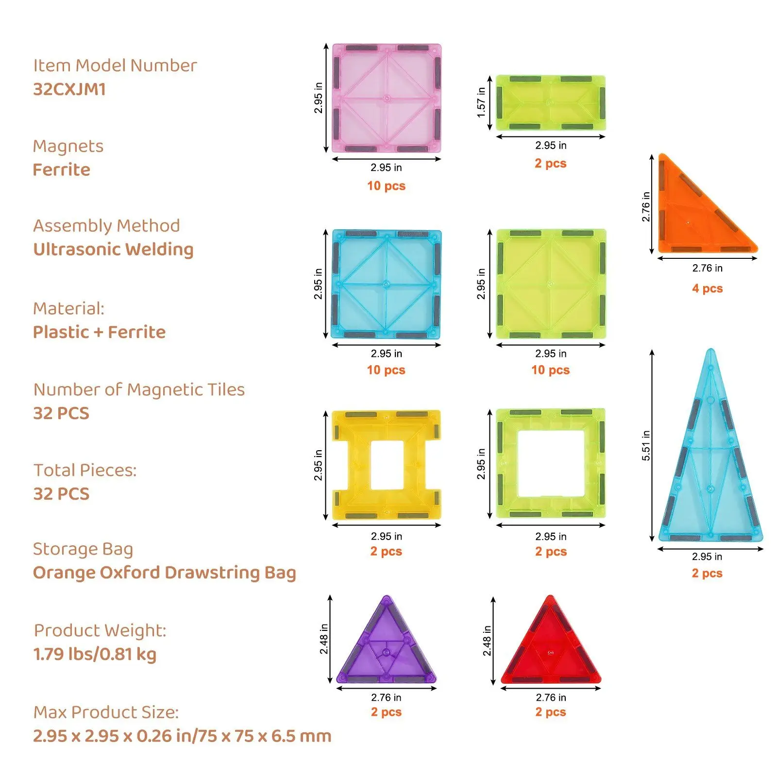 어린이용 자석 타일 빌딩 장난감, 자석 블록, 3D 세트, 32 PCs