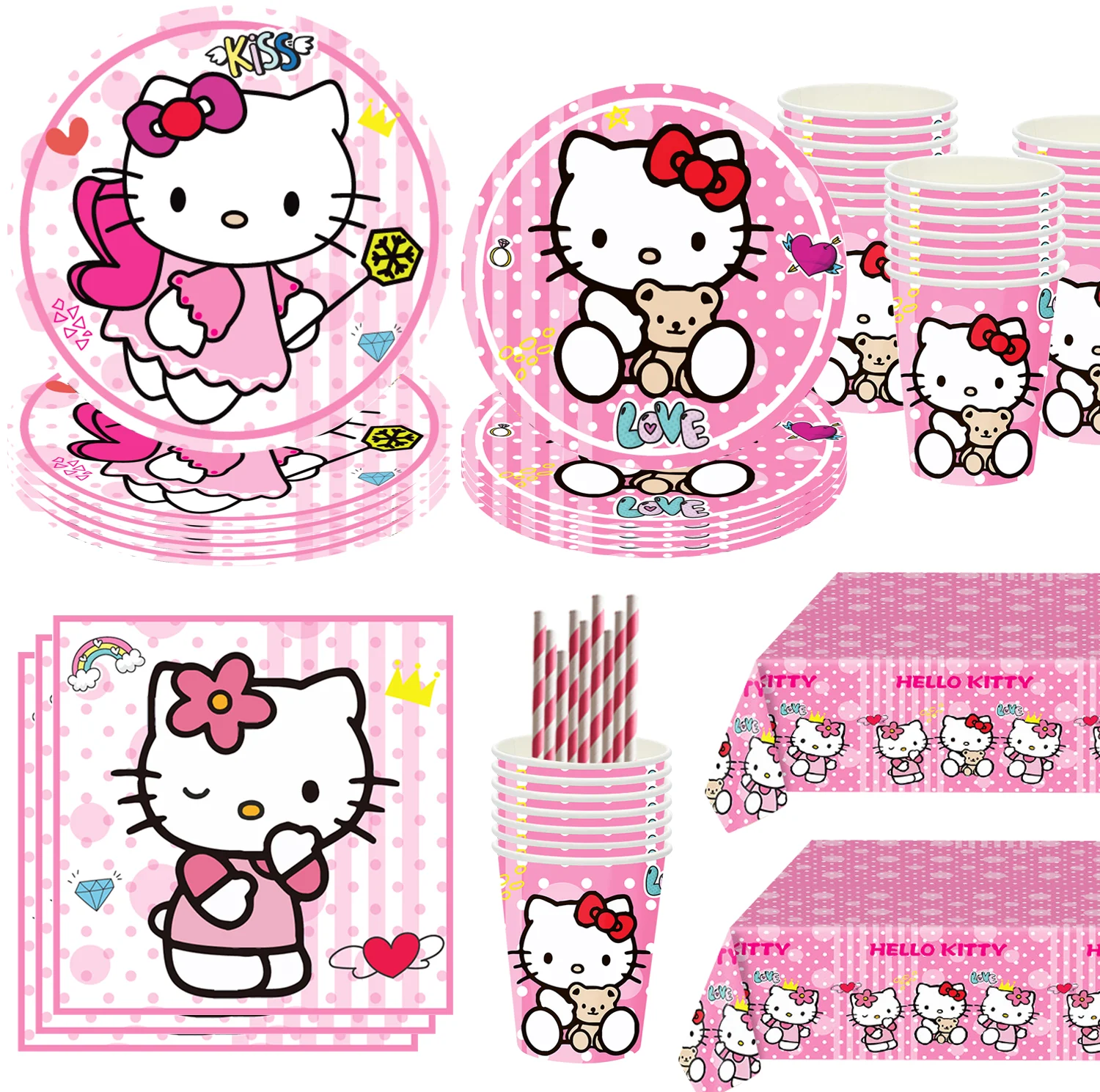 

Kids Girls Hello Kitty Theme Happy Birthday Baby Shower Children Tableware Napkin Cup Plate Set Party Favor Decoration Supplies