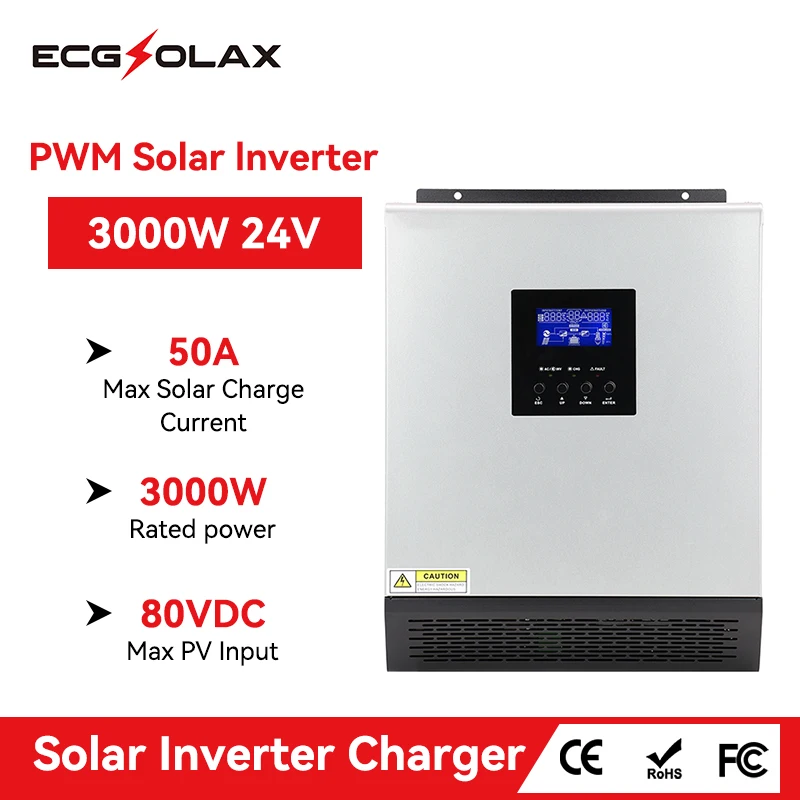 ECGSOLAX 3000VA 2400W Solar Hybrid Inverter 24V 110V Built-in PWM 50A Solar Charge Controller PV Max 80VDC Pure Sine Wave Invert