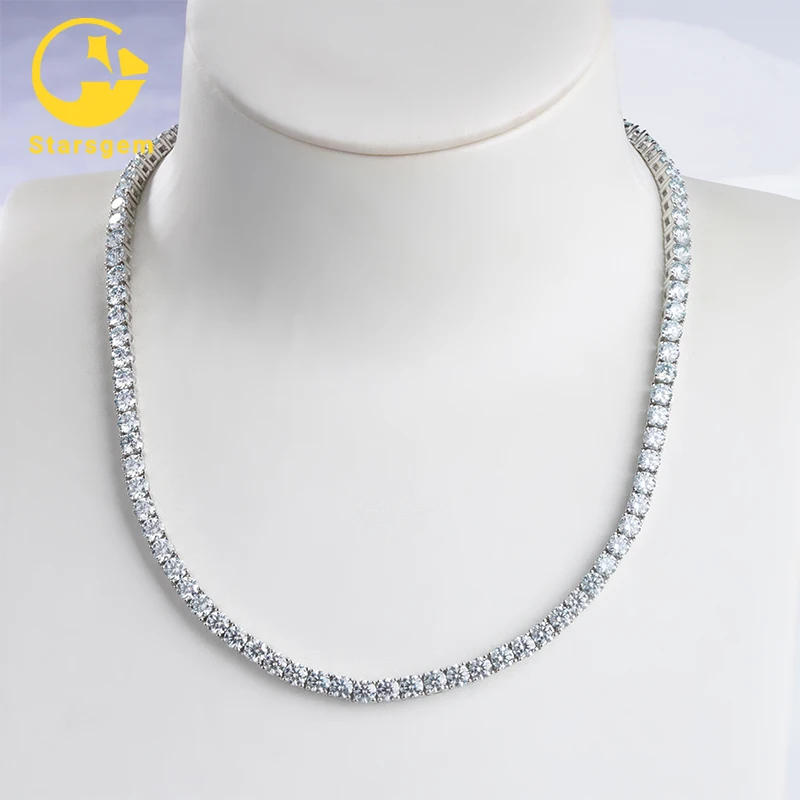 Sliver 925 Gold Plating Color Chain With 3mm 4mm  Blue Color  Moissanite Tennis Necklace