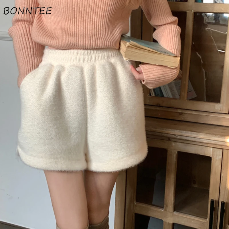 

Shorts Women Mink-fleece Baggy High Waist Solid Simple Korean Fashion Popular Classic All-match Daily Autumn Winter Female Mujer