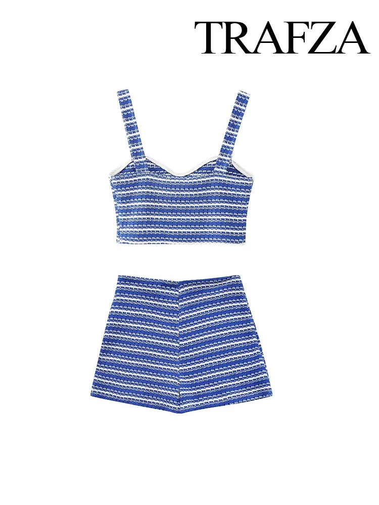 TRAFZA Women Summer Fashion 2 Piece Set Sexy Blue Stripes Knit Camisole Sleeveless V-Neck Top+Slim Zipper High Waist Shorts TRAF