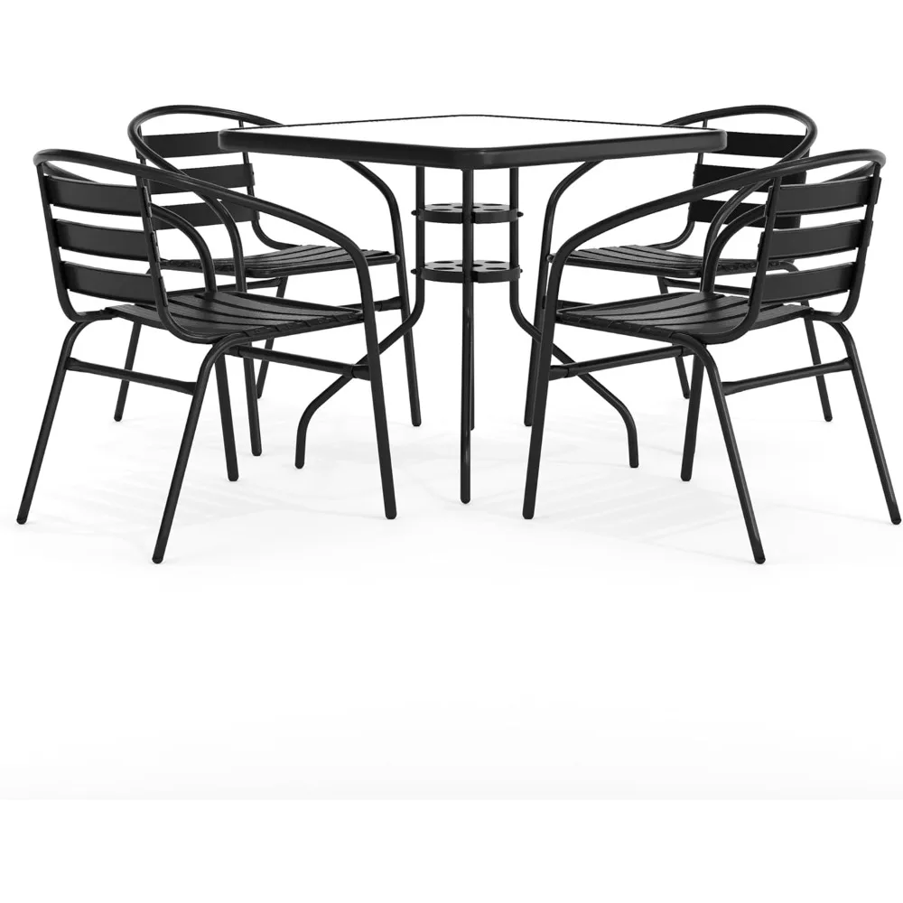 

5-Piece Patio Dining Set with 31.5" Square Glass Metal Table and 4 Stackable Slat Back Chairs, Indoor/Outdoor Bistro Set, Black
