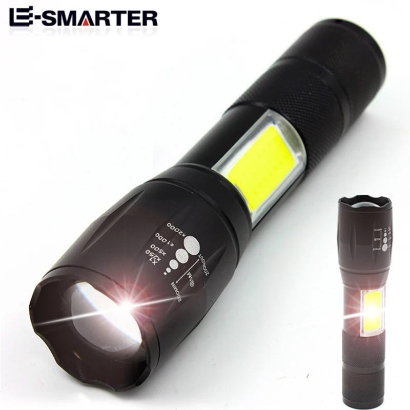 

Powerful Bright LED Flashlight Zoomable Aluminum Alloy Camping Torch Outdoor Fishing Waterproof Flashlights with COB Side Light