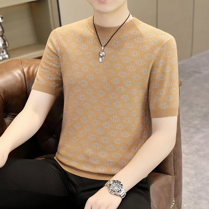 2024 Spring Autumn Jacquard Knitted Short Sleeve T-Shirts High Quality Round Neck Social Knit Pullover Versatile Casual Tee Tops