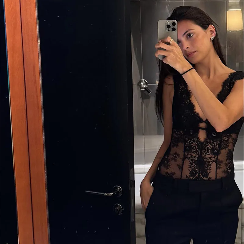 

Women's Elegant Black Lace Sheer Bodycon Tops Sexy Deep V Neck Sleeveless Floral Lace Mesh Transparent Corset Evening Party