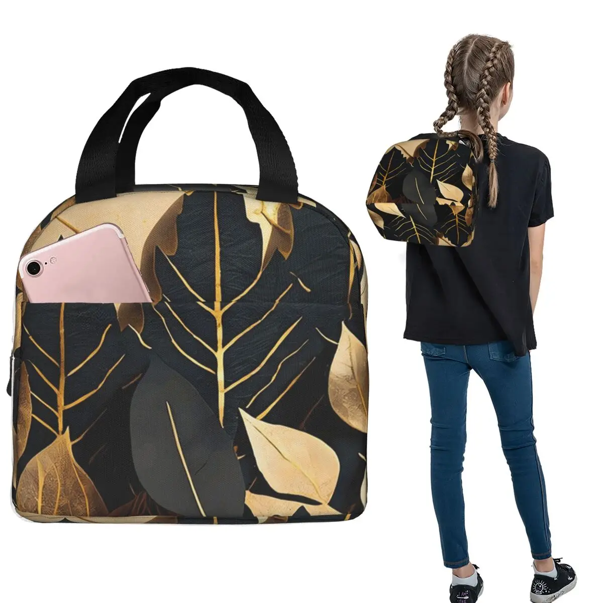 Isolierte Lunchtasche mit schwarzem goldenem Blattmuster für Damen und Kinder, tragbare Lebensmittelboxen, Thermo-Lunchbox-Tragetasche