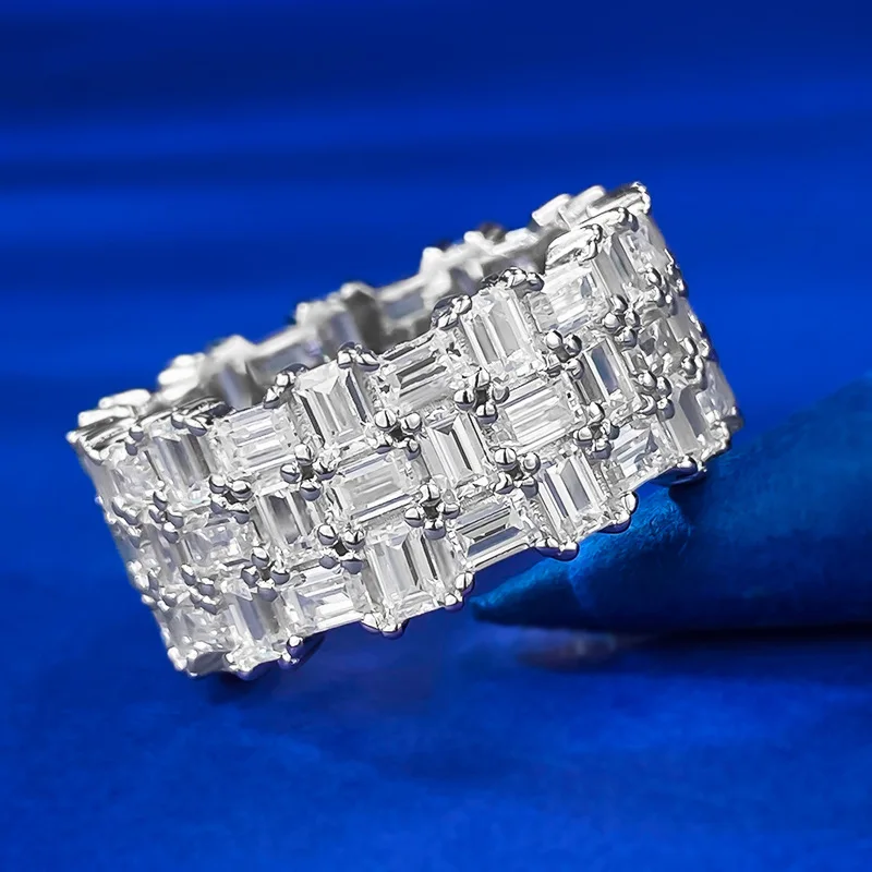 High grade diamond rectangular zircon fire color treasure ring with feminine temperament and micro diamond zircon ring