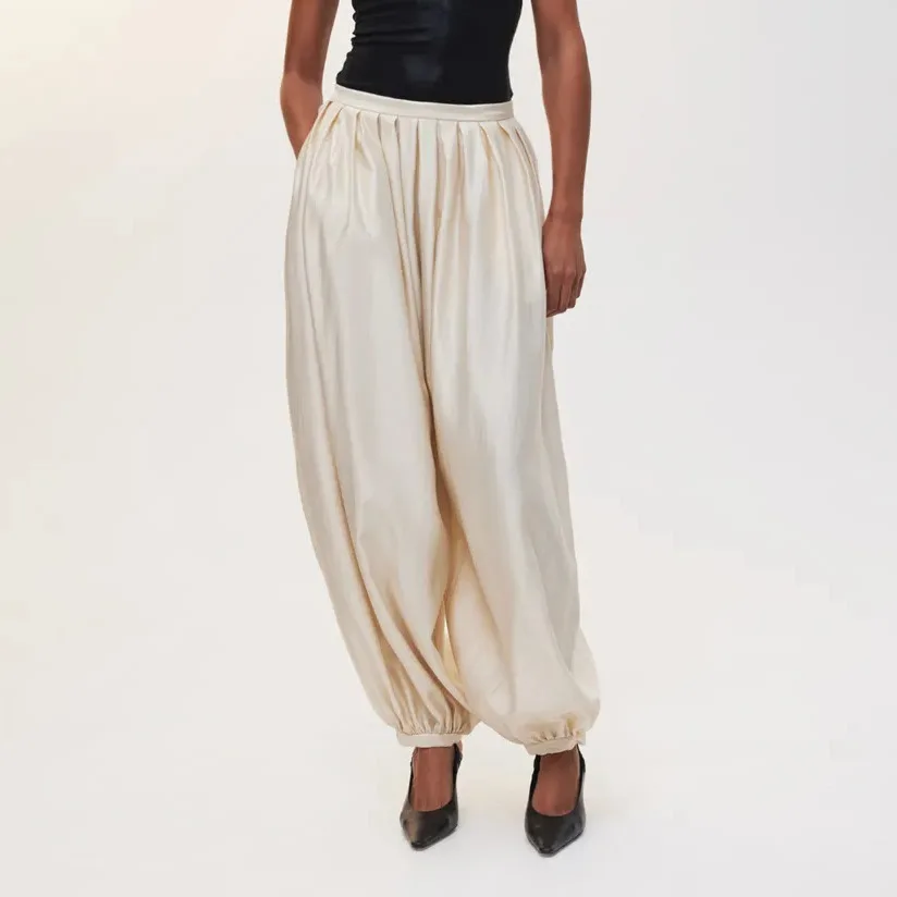 PUAL Luxury Satin Lantern Pants 2025 | High-Waisted Ruched Baggy Trousers | Elastic Cuff Harem Pants | Elegant Loose-Fit Women's