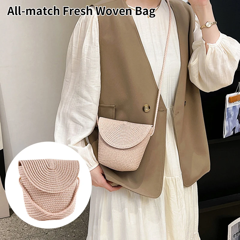 Woven Straw Bag Handmade Rattan Crossbody Handbags Knit Summer Beach Small Coin Purse USB Wired Headset Mini Bag Key Bag