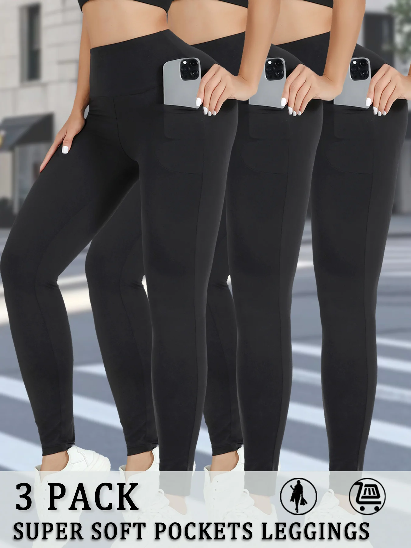 

3 Pack Super Soft Leggings with Pockets for Women, High Waisted Tummy Control Workout Yoga Running Pants Leggings