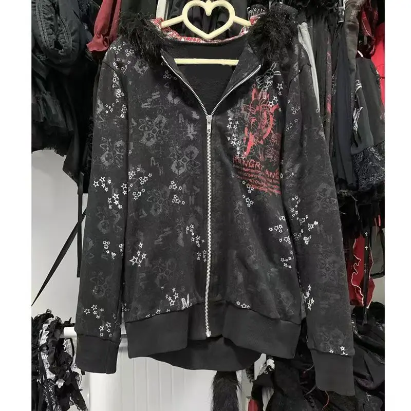 

Goth Skull Print Y2k Hoodies Jackets Women Vintage Harajuku Coat Aesthetic Grunge Fur Patchwork Hooded Jacket Fairy Zipper Coat