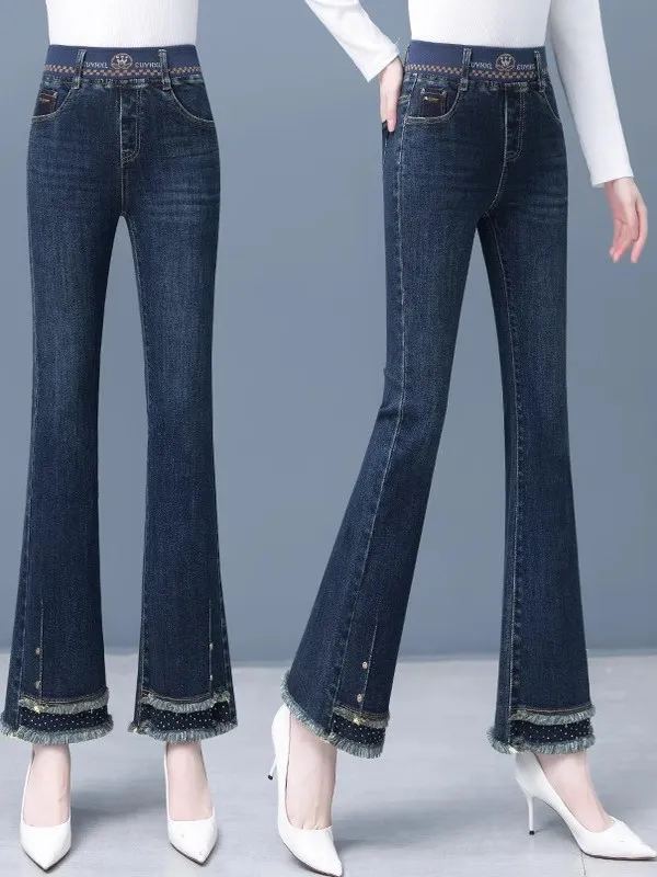 

Женские джинсы-клеш с высокой талией, новые весенние, эластичные, стрейч, длиной 7/8, с рваным краем, модные, износостойкие