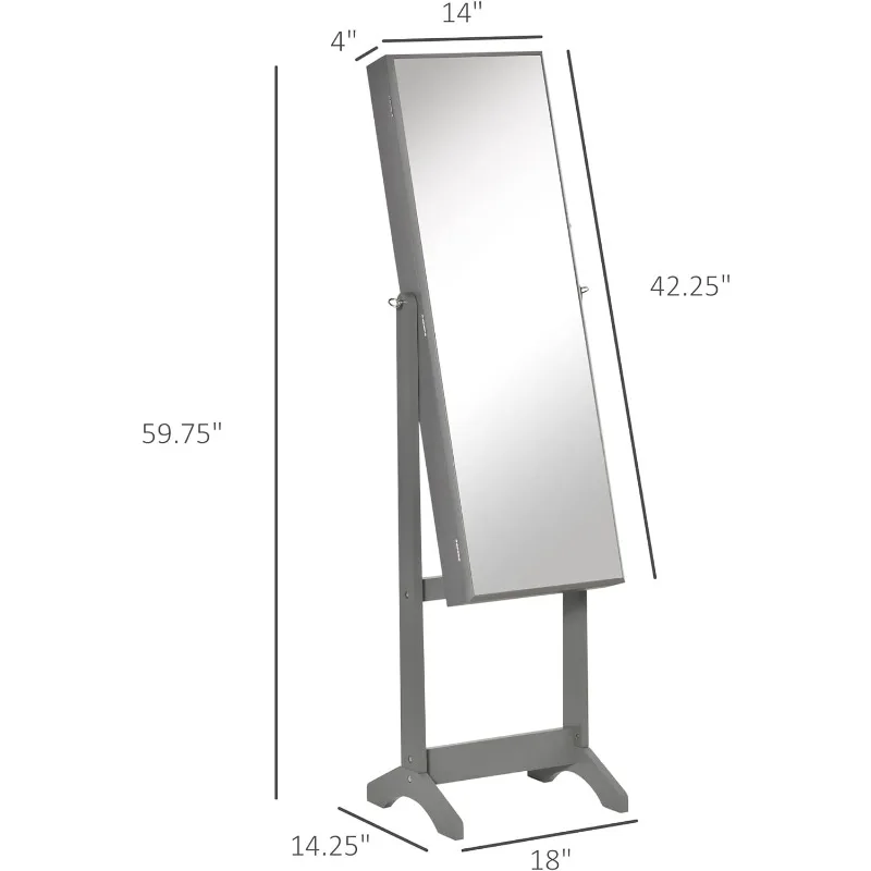 Floor Standing Jewelry Cabinet, Organizador de jóias bloqueável com espelho de corpo inteiro, 3 ângulos ajustáveis