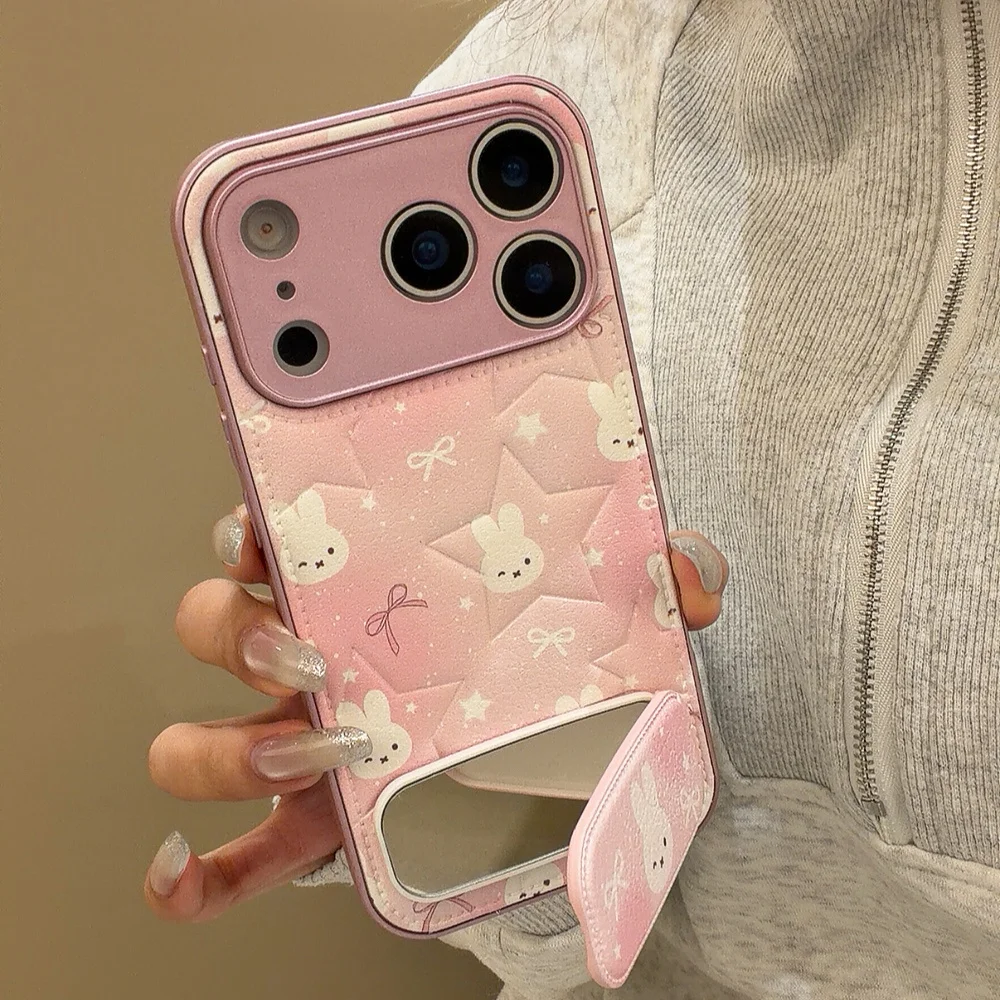 

Cute Star Rabbit Phone Case with Mirror Stand for iPhone 15 Pro Max 14 16 Max 17 Case Fashion Leather Protective Cover For 17Pro