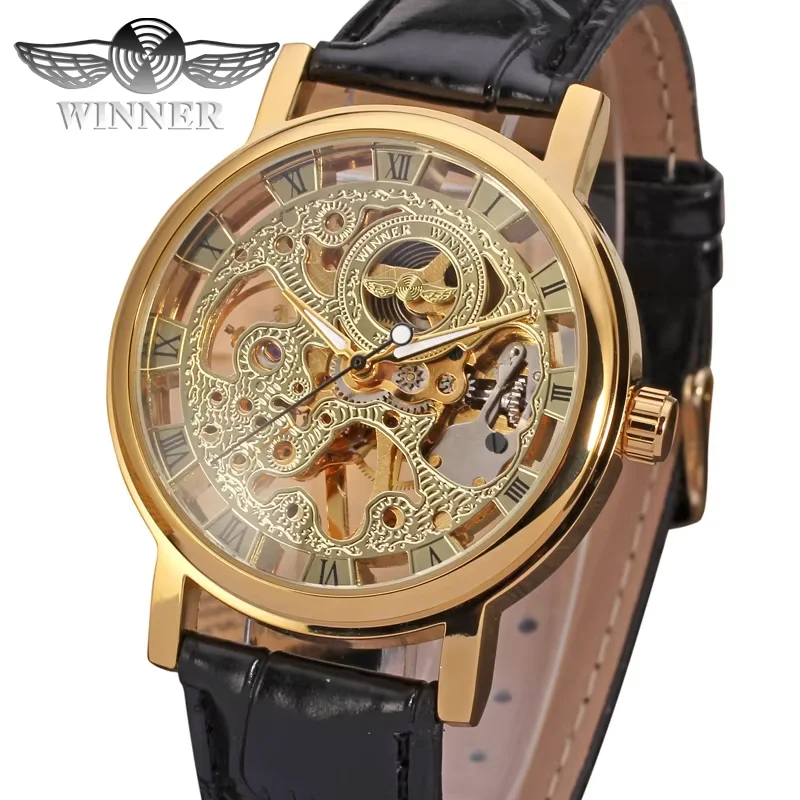 T-winner Ladies Watch Hollowed-out Roman Digital Mechanical Watch Full-bottom Strap Watch Gold and silver Watch