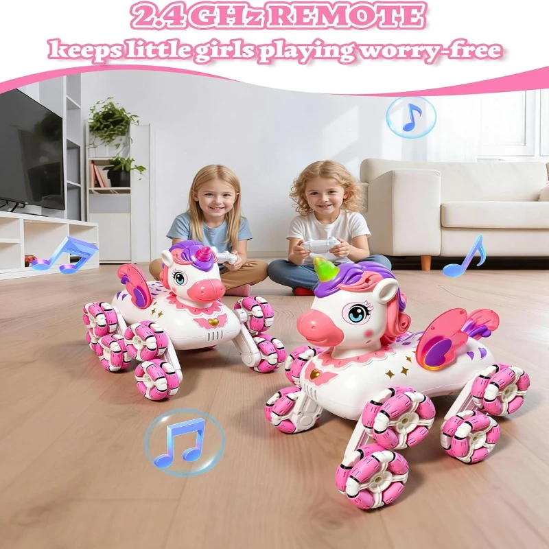 

2.4G Pink Unicorn RC Car, 8-Wheel Drift Off-Road Robot with LED Light, Music & 360° Demo, Birthday Gift for Girls Age
