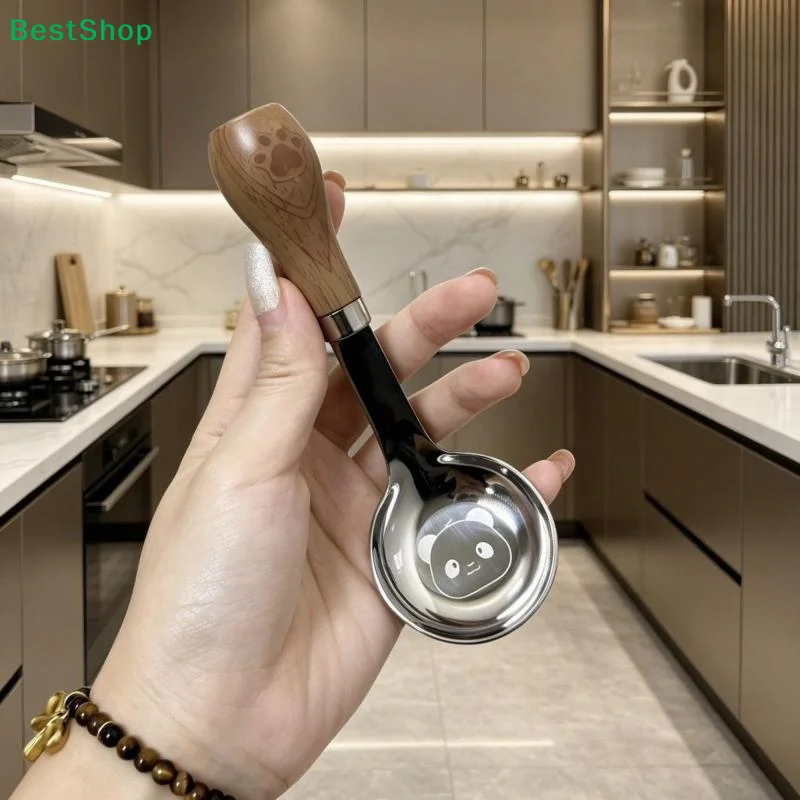〔R〕Stainless Steel Short Handle Soup Spoon Cute Panda Pattern Non Slip Wood Grain Handle For Kids Toddlers Daily Use