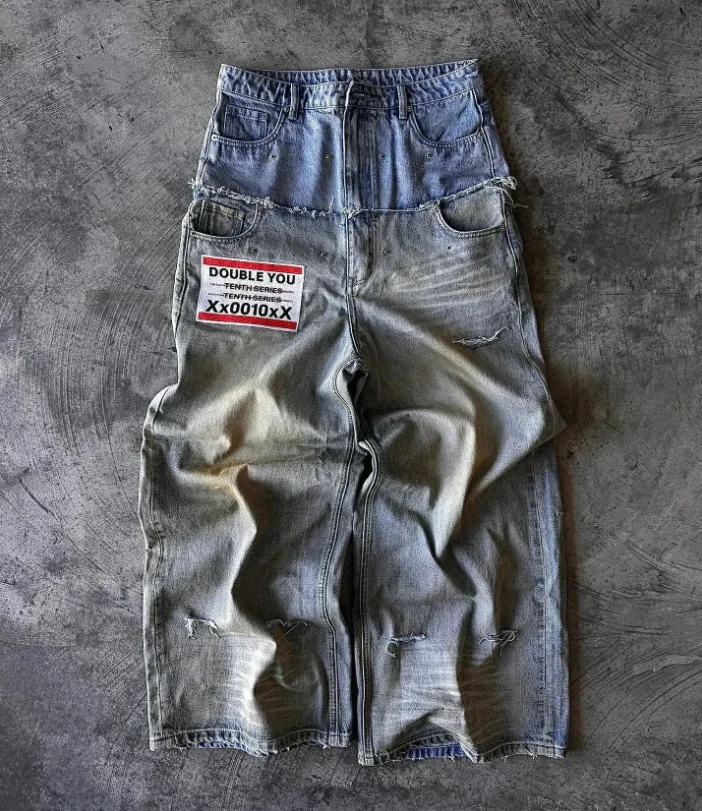 Street hip hop letter-print jeans Men y2k Goth punk Harajuku ripped wide leg pants Retro loose leg double waisted pants w874 ﻿