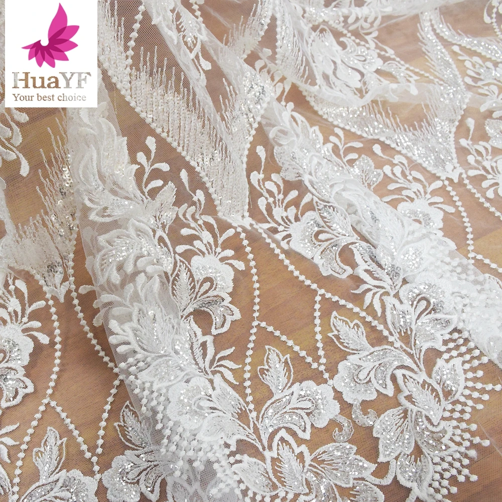 Simple Off White Bridal Wedding Dress Embroidery Sequins Fashion Design Lace Fabric 5 Yards HY1182