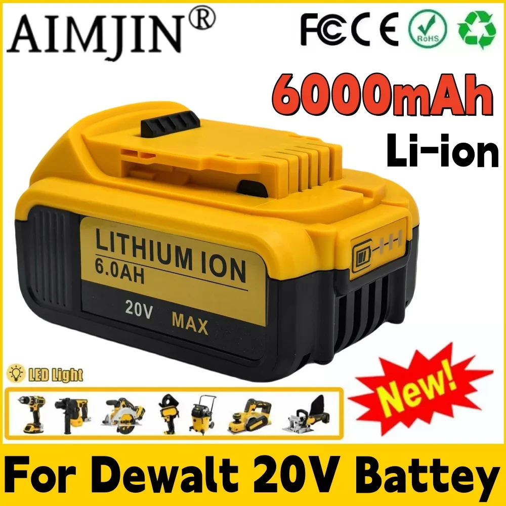 

100% Compatible For DeWalt 20V 6000mAh Rechargeable Power Tools Battery with LED Li-ion Replacement DCB205 DCB204-2 DCB206