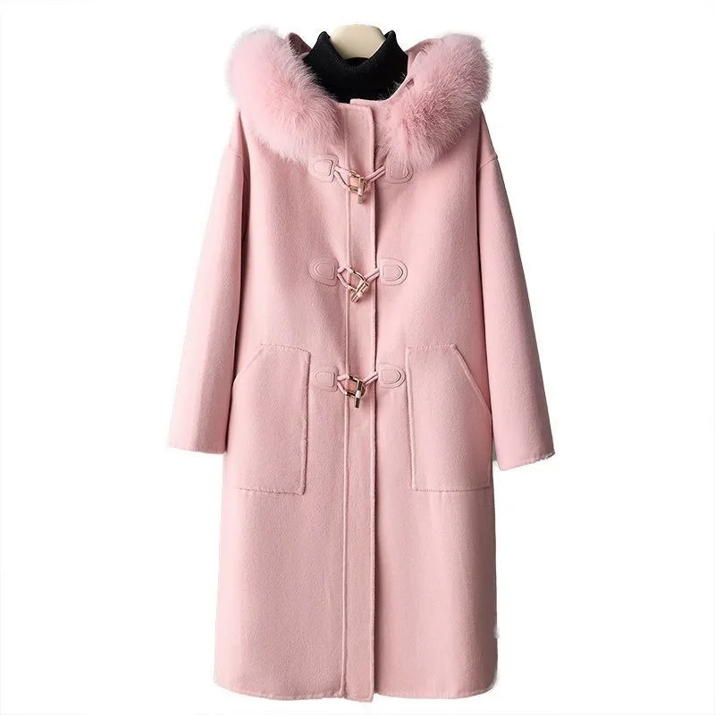 جديد خريف 2025 معطف صوفي 100% متعدد الاستخدامات من فرو الثعلب بقلنسوة طويل على الوجهين للنساء