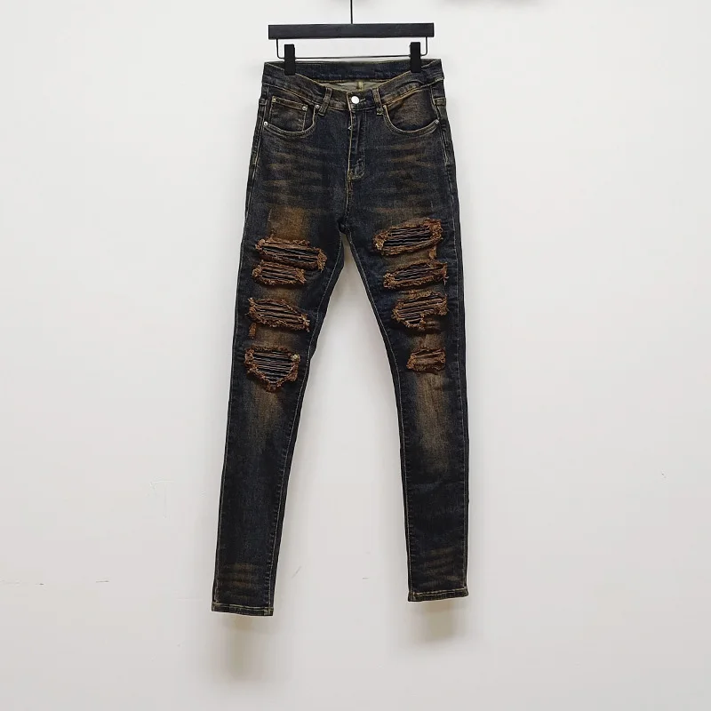 Owen Seak Men‘s Jeans Cotton Denim Slim Autumn Hole Pencil Trousers Designer luxury Pants