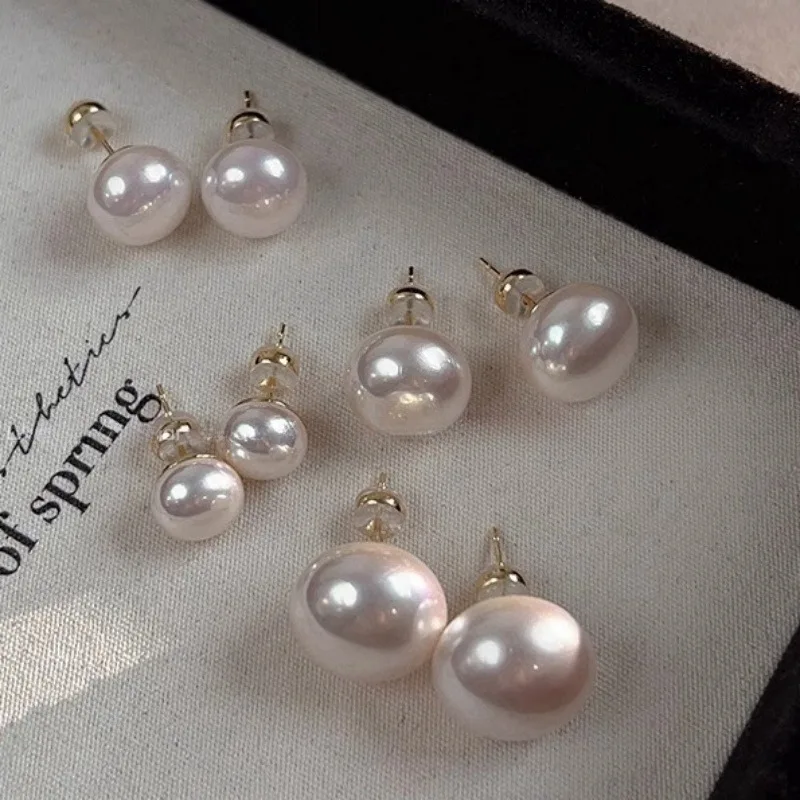 925 Silver Needle Elliptical Pearl Earnail Earrings for Women Fashion 8mm/10mm/12mm/14mm Oversized Pearl Wedding Party Jewelry
