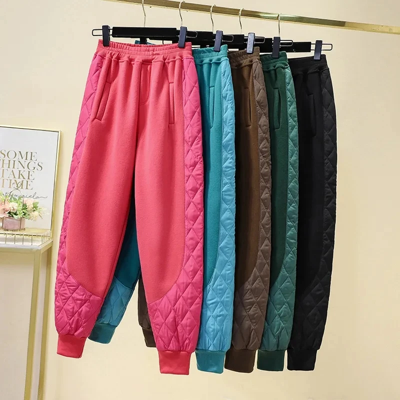 Casual Baggy Thick Harem Sweatpants Candy Colors Elastic Waist Banded Warm Pantalones Winter Patchwork Down Cotton Pants Women