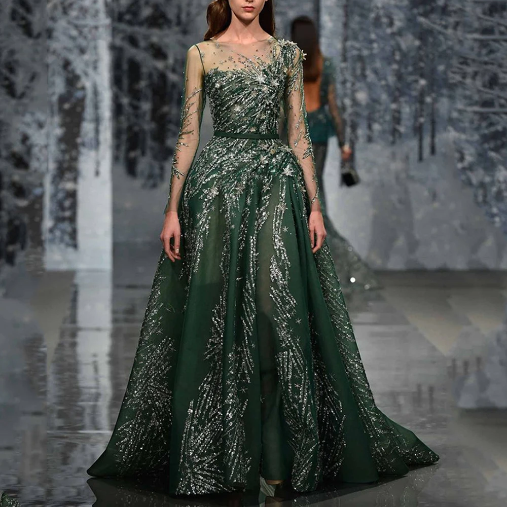 

Exquisite Green Evening Party Dresses Floor Length Full Sleeves Illusion A-line Shiny Sequined Stars Women Banquet Prom Gowns