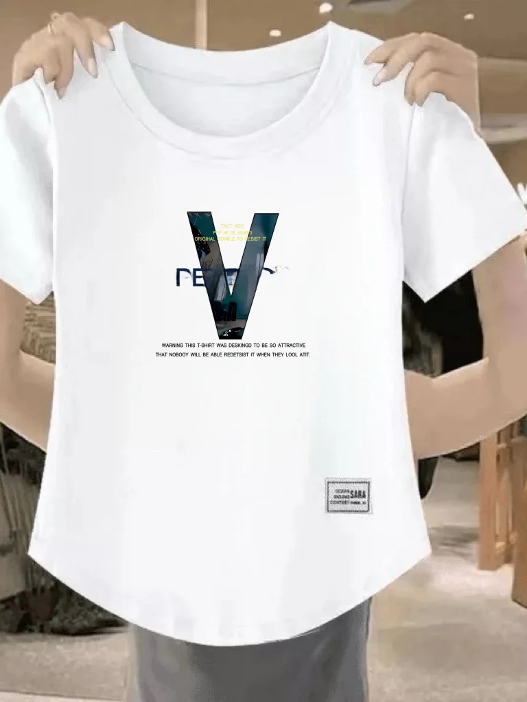 

Casual Style Women's Short Sleeve T-Shirt Letter Print round Neck Versatile Top Summer New Arrival Polyester Fiber Standard Fit