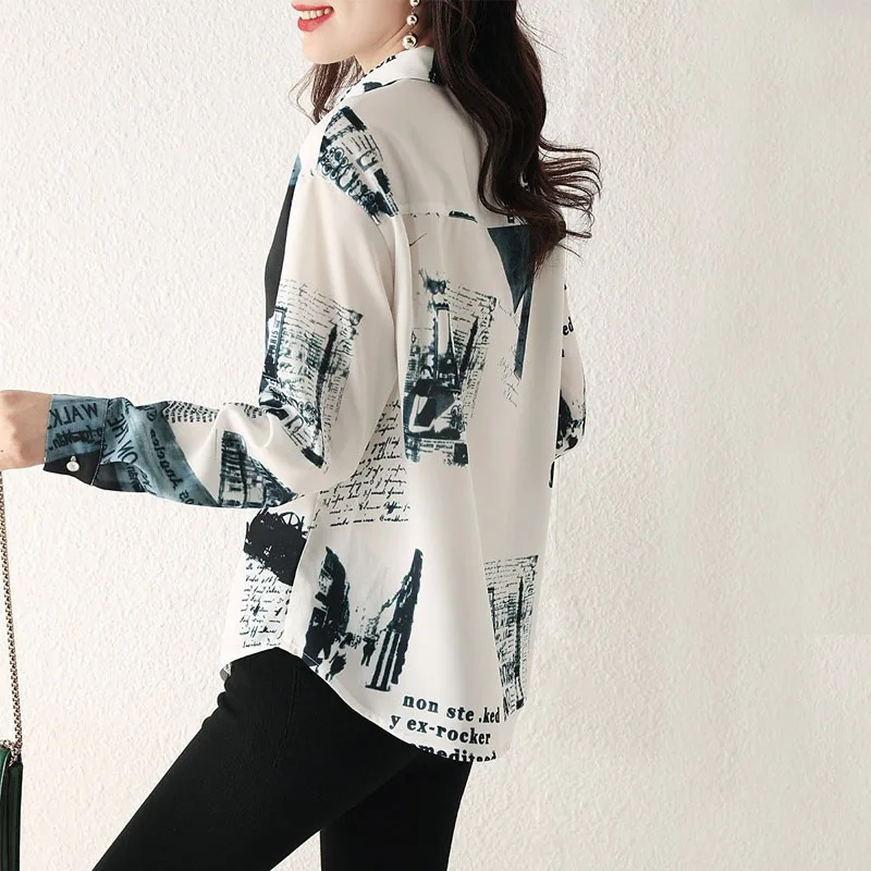 Korean Vintage Long Sleeve Printed Shirt Spring Women\'s Clothing Casual Fashion Streetwear Turn-down Collar Button Blouse Femme