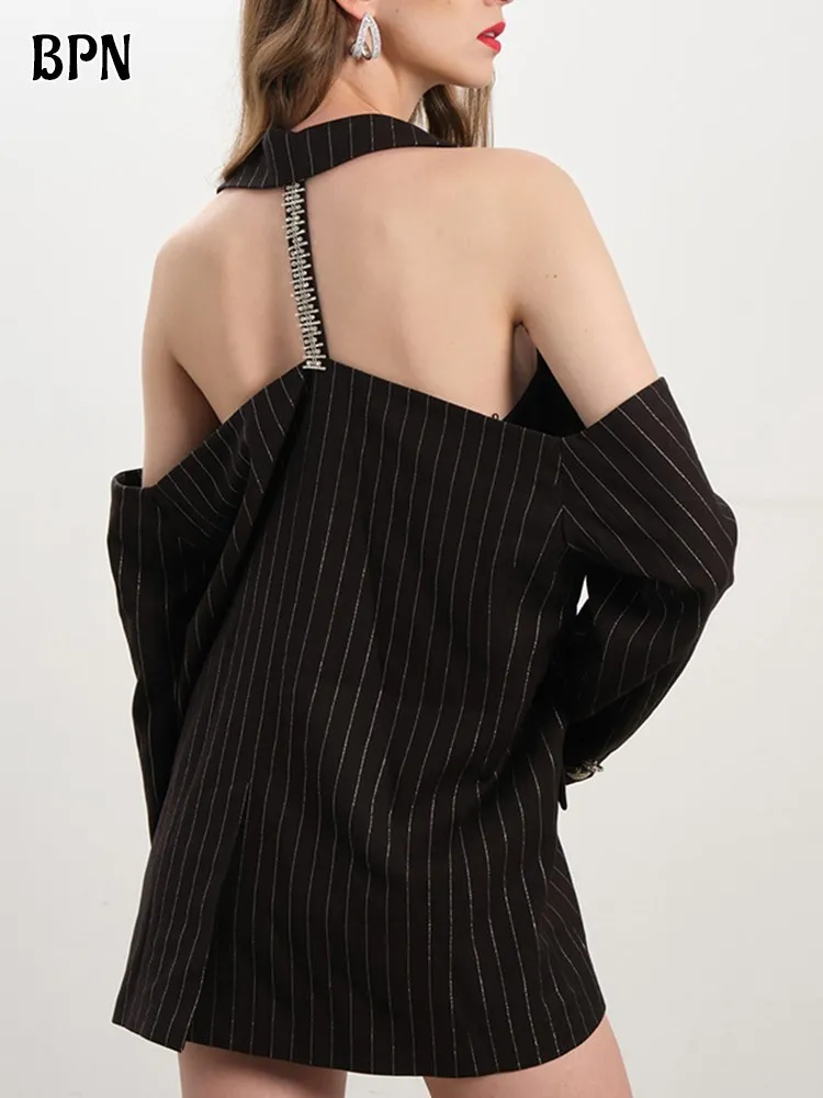 BPN Sexy Backless Blazer For Women halter Collar Long Sleeve Off Shoulder Spliced Diamonds Striped Blazer Female Fashion Style