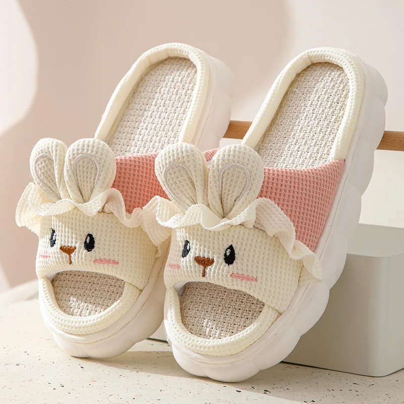 Cute Rabbit Plush Slippers Women Men Four Seasons Cotton Linen Slippers Winter Platform House Slippers Non-Slip Floor Mute Shoes