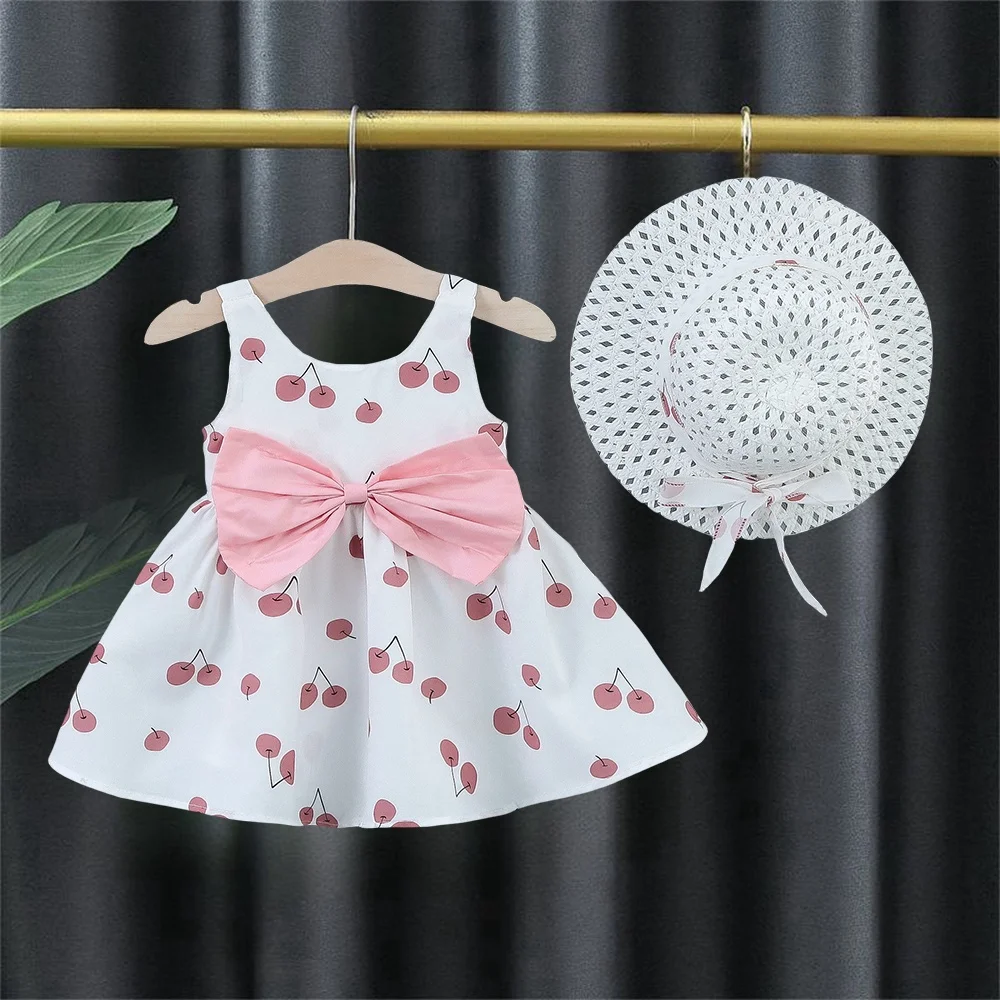 

2 Dresses For Girls Summer Crewneck Sleeveless Full Print Cherry Print Dress For Girls Cute Bow Casual Skirt And Hat
