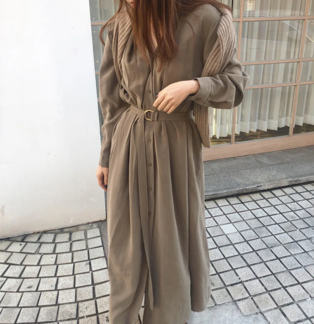 Spring Summer V Neck Folds Long Shirt Belt Dress for Women Long Sleeve High Waist A-line Midi Dresses Female