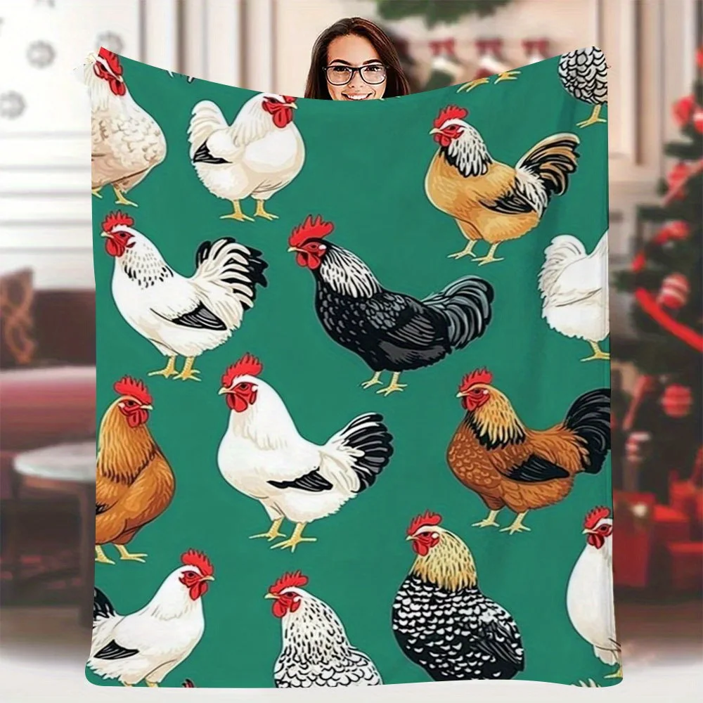 1pc Vintage Chicken & Rooster Print Blanket, 60x80 Inch - Cozy All-Season Comfort Blanket for Bed, Sofa, or Travel, Cotton Fabri