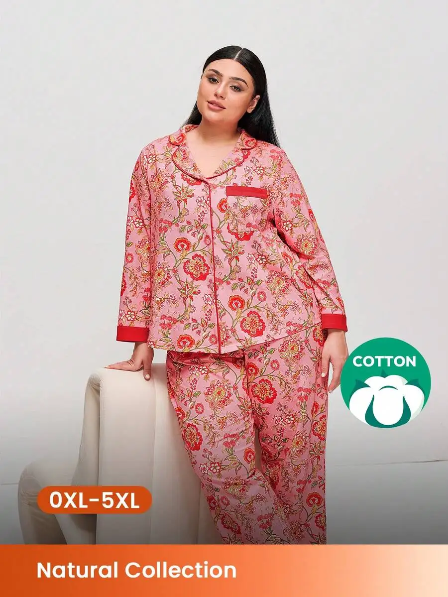 

LUVLETTE Plus Size Soft Cotton Floral Print Long Women Pajama Set For Women Lounge Sets For Women Pants With Pockets Clothes Cotton Pajamas