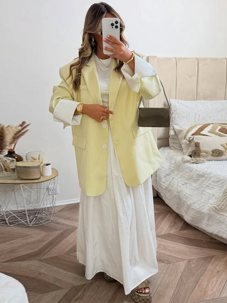 Chaqueta holgada amarilla para mujer, abrigo de manga larga con bolsillos y solapa, chaqueta con una botonadura y hombrera, prendas de vestir exteriores para ir al trabajo para otoño 2025