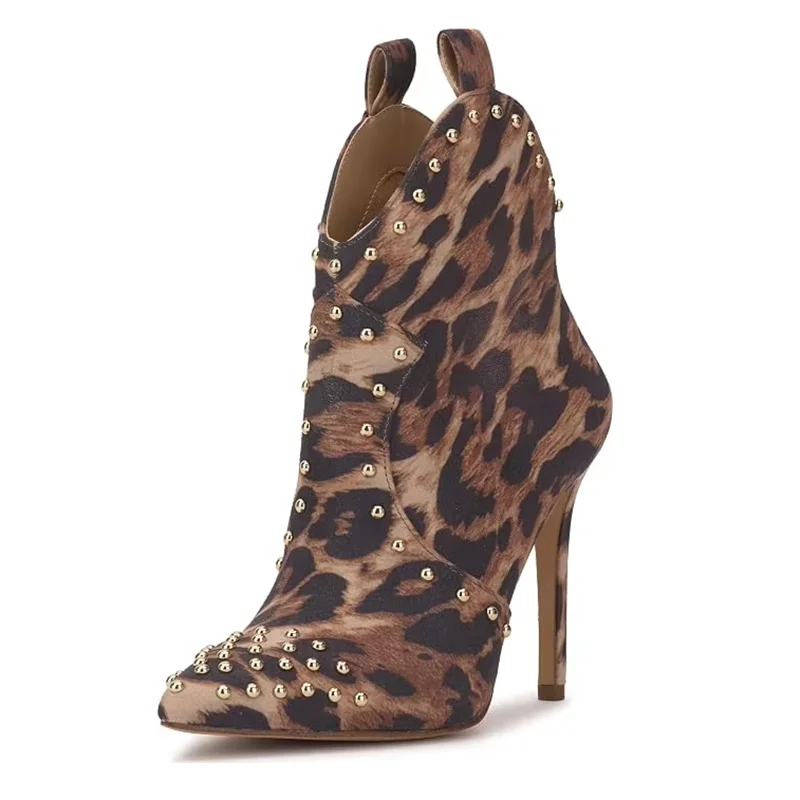 Leopard Gold Stud Western Boots Women Pointed Toe Cow Print V-Cut Stiletto High Heels Ankle Boots Edgy Fashion Cowgirl Shoes