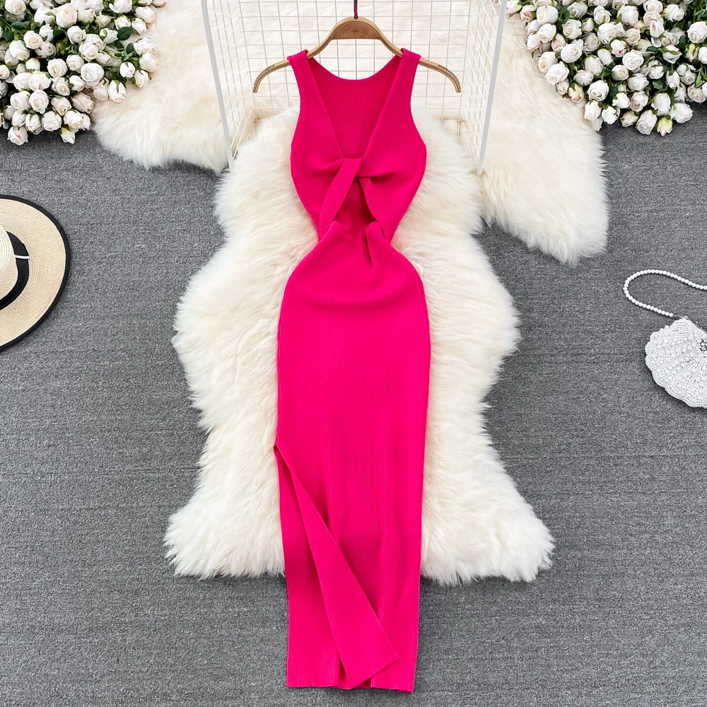 YuooMuoo Women Dress Sexy Wrap Hips Two Sides Available Split One-Piece Long Dress Fashion Knot Knitted Bodycon Party Robe Femme