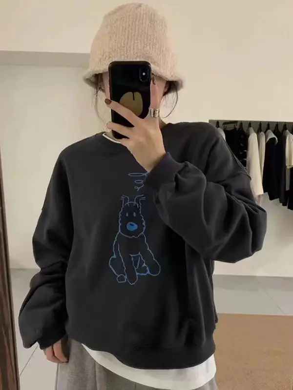 เสื้อฮู้ดดี้ลายการ์ตูนสุนัขตัวน้อย ดีไซน์หลวม สไตล์ลำลอง รุ่นใหม่ ฤดูใบไม้ผลิ/ฤดูใบไม้ร่วง 2024  แบบสองชิ้นในตัวเดียว