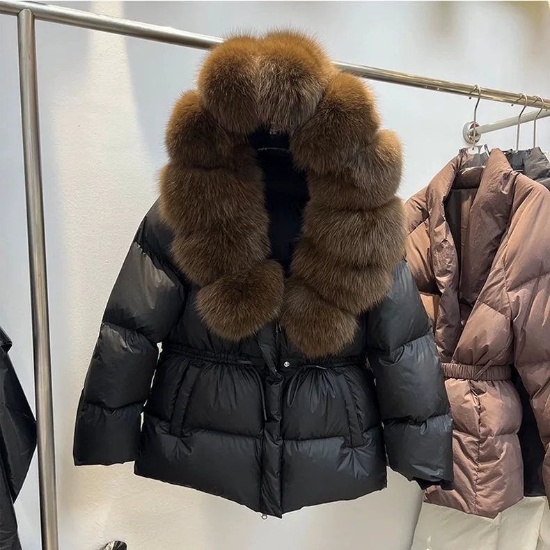 

Natural Fox Fur Collar Hooded Down Jacket for Women White Duck Down Jacket Thick Warm Puffer Jacket Female Drawstring Outwears