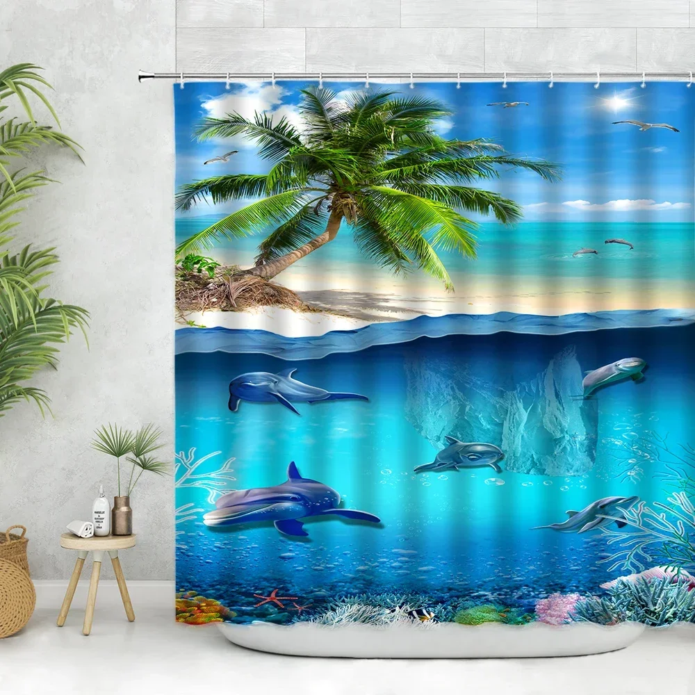 3D Seascape Shower Curtain Ocean Animals Life Fish Dolphin Print Bathroom Curtain Set Fabric Bath Curtain Home Decor Fabric Hook