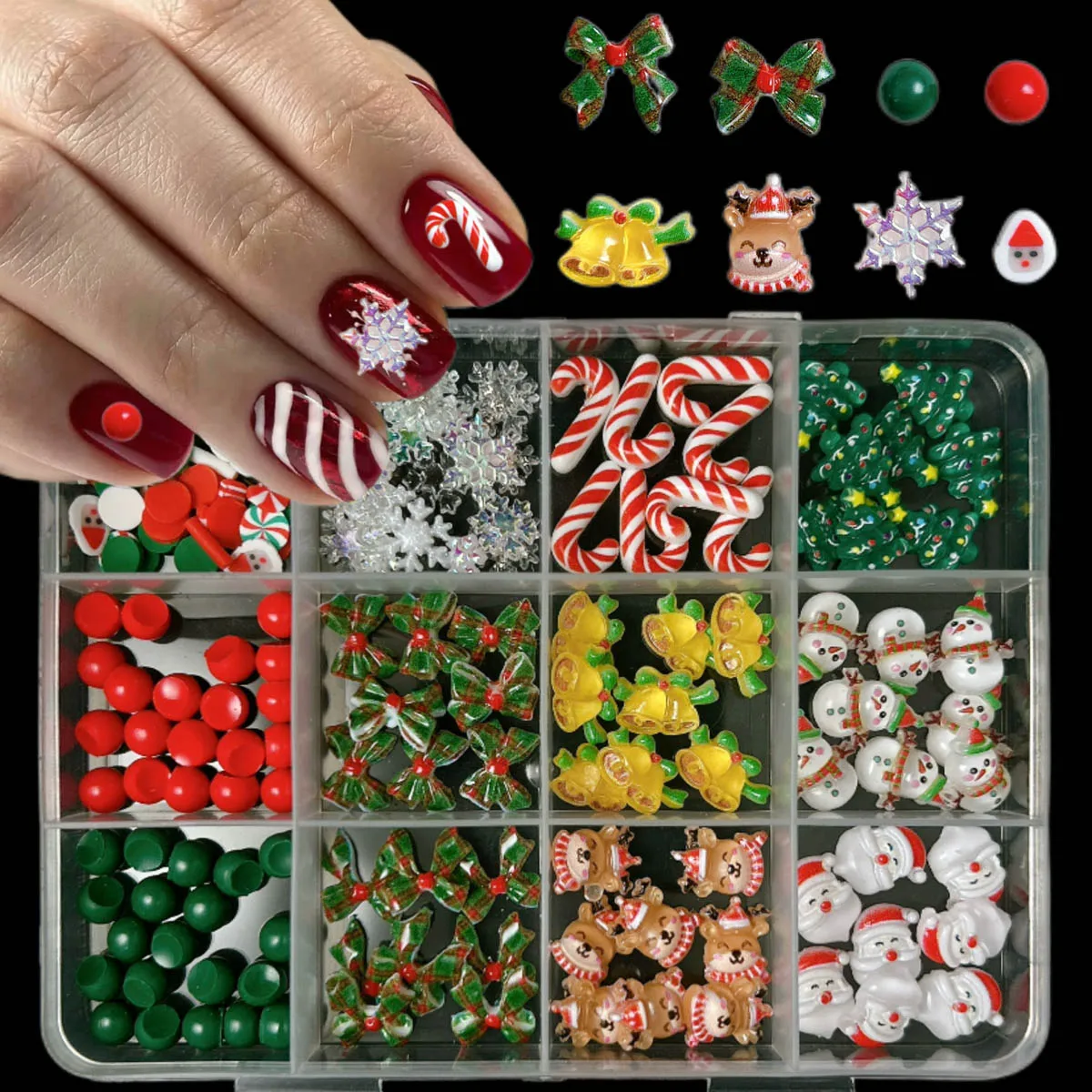 1 صندوق الكرتون الملونة الأيائل ثلج جرس الراتنج مسمار السحر ثلاثية الأبعاد Kawaii ثلج سانتا كلوز مسمار الفن زينة DIY بها بنفسك عيد الميلاد الأظافر