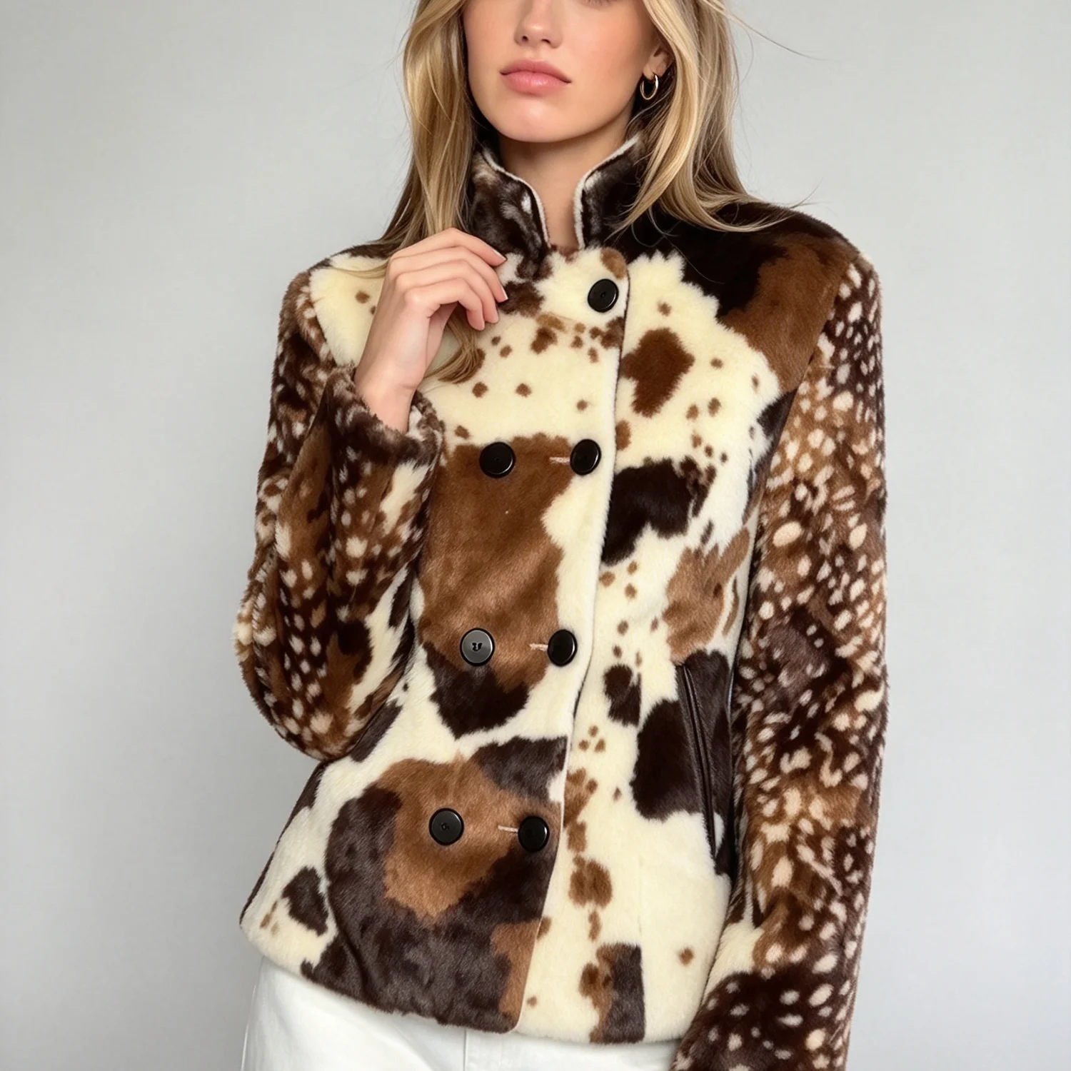 Women Deer Print Faux Fur Jacket Stand Collar Double Breasted Short Winter Coat