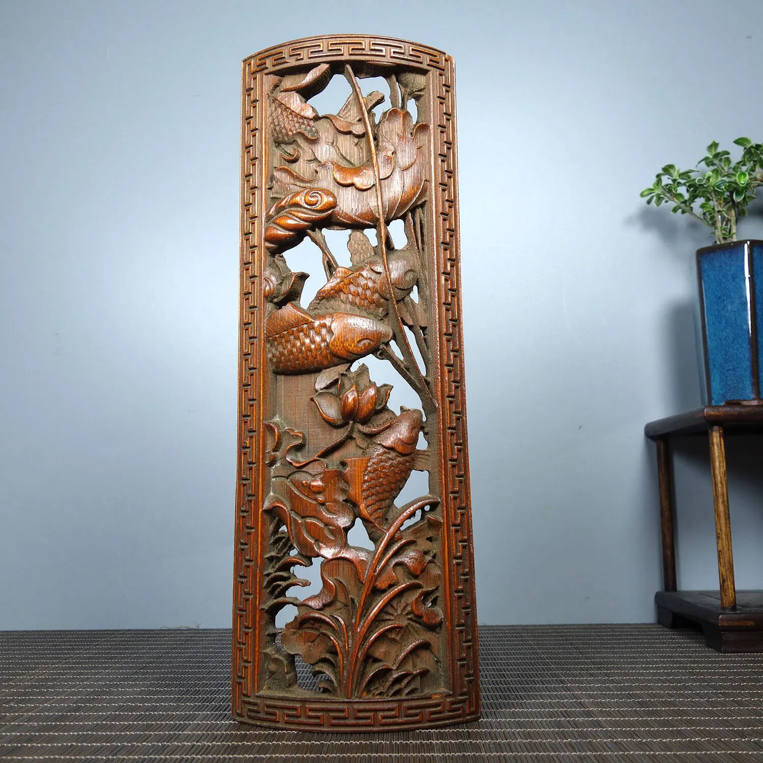

Chinese Old Bamboo Carving Nice Arm Pillow Carved Lotus Fish Statue Study Decor
