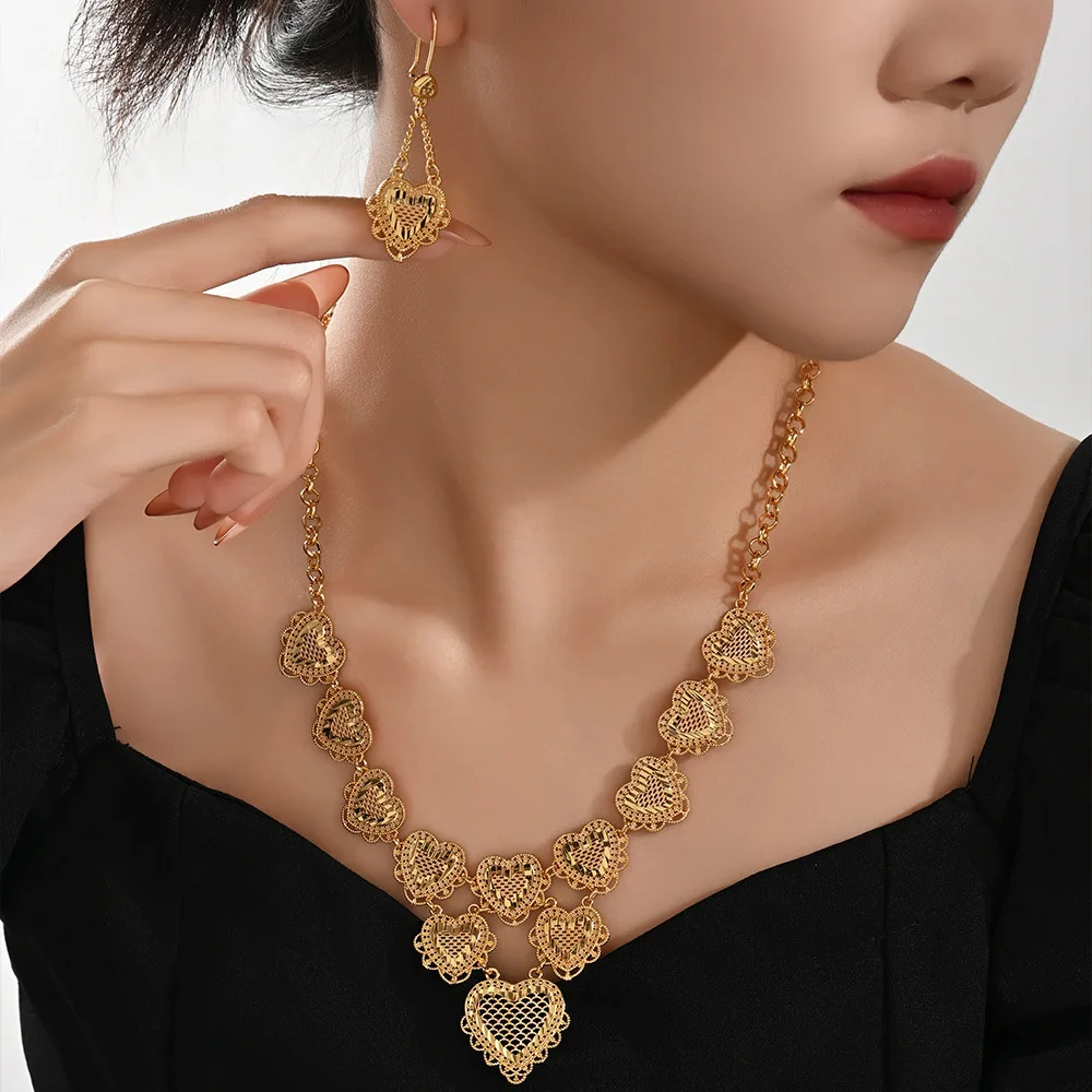 9999 gold love jewelry set - Nigerian heart-shaped necklace and earrings set of two pieces